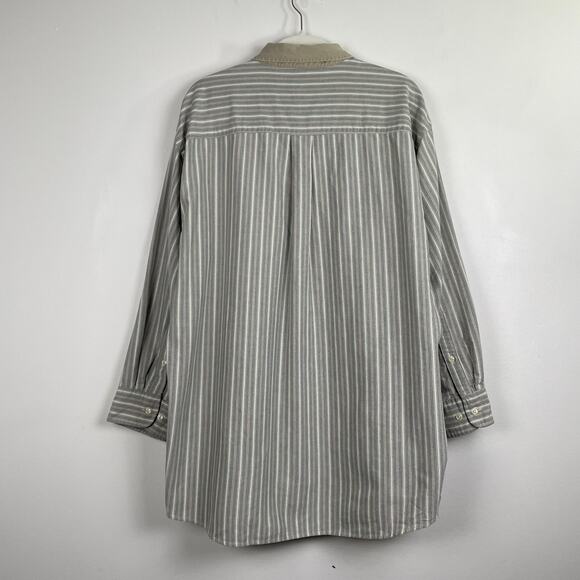 Vintage 90s Mens Striped Button Up Shirt 17 Green Tan Contrast Collar Retro Prep - Picture 3 of 16